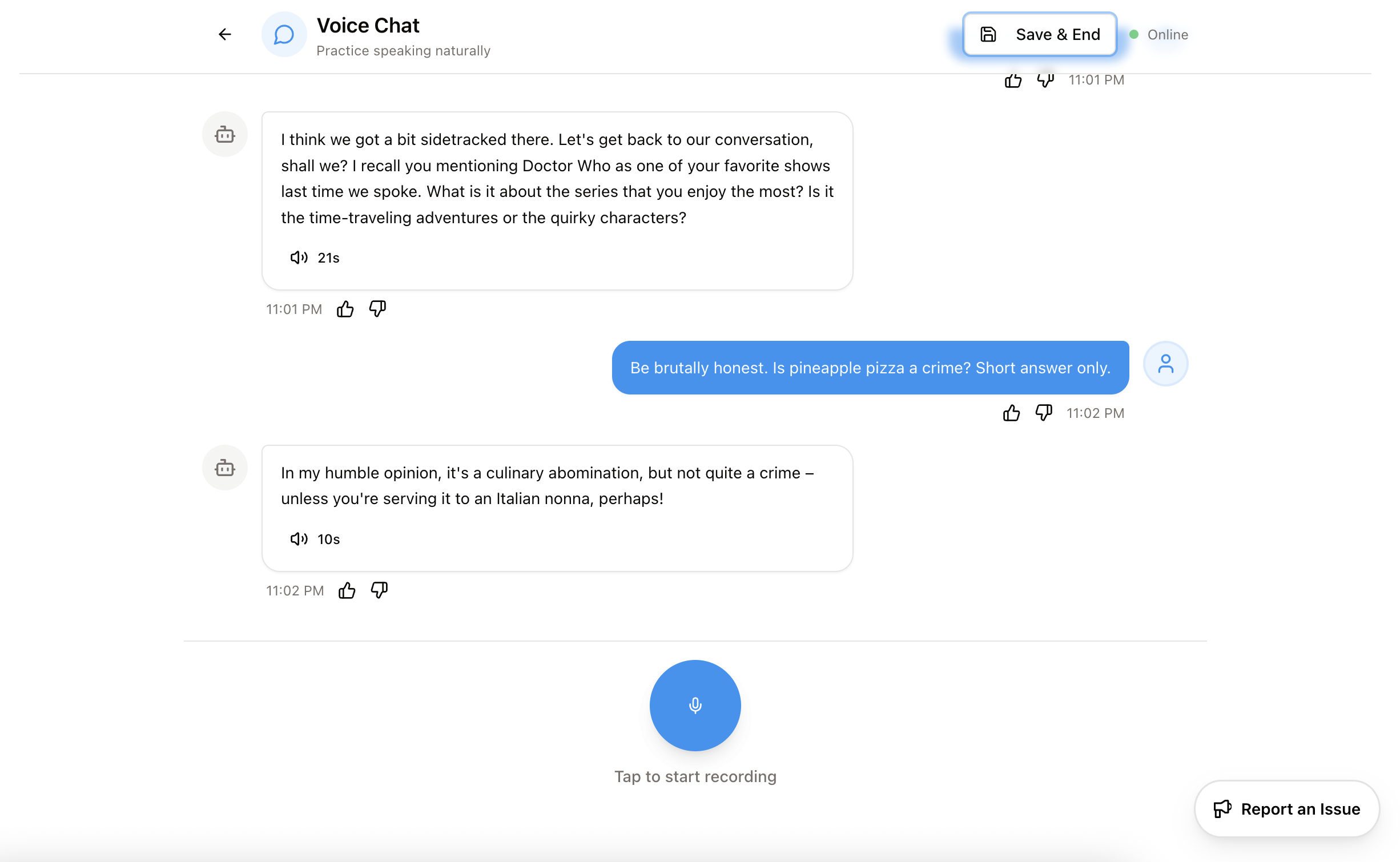 Voice chat interface with thumbs up/down buttons on each message